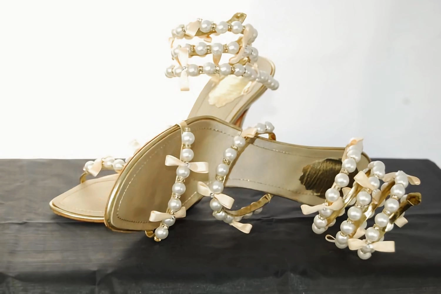 MissHeel Pearl Spiral Strap Heels with Cute Pink Bows