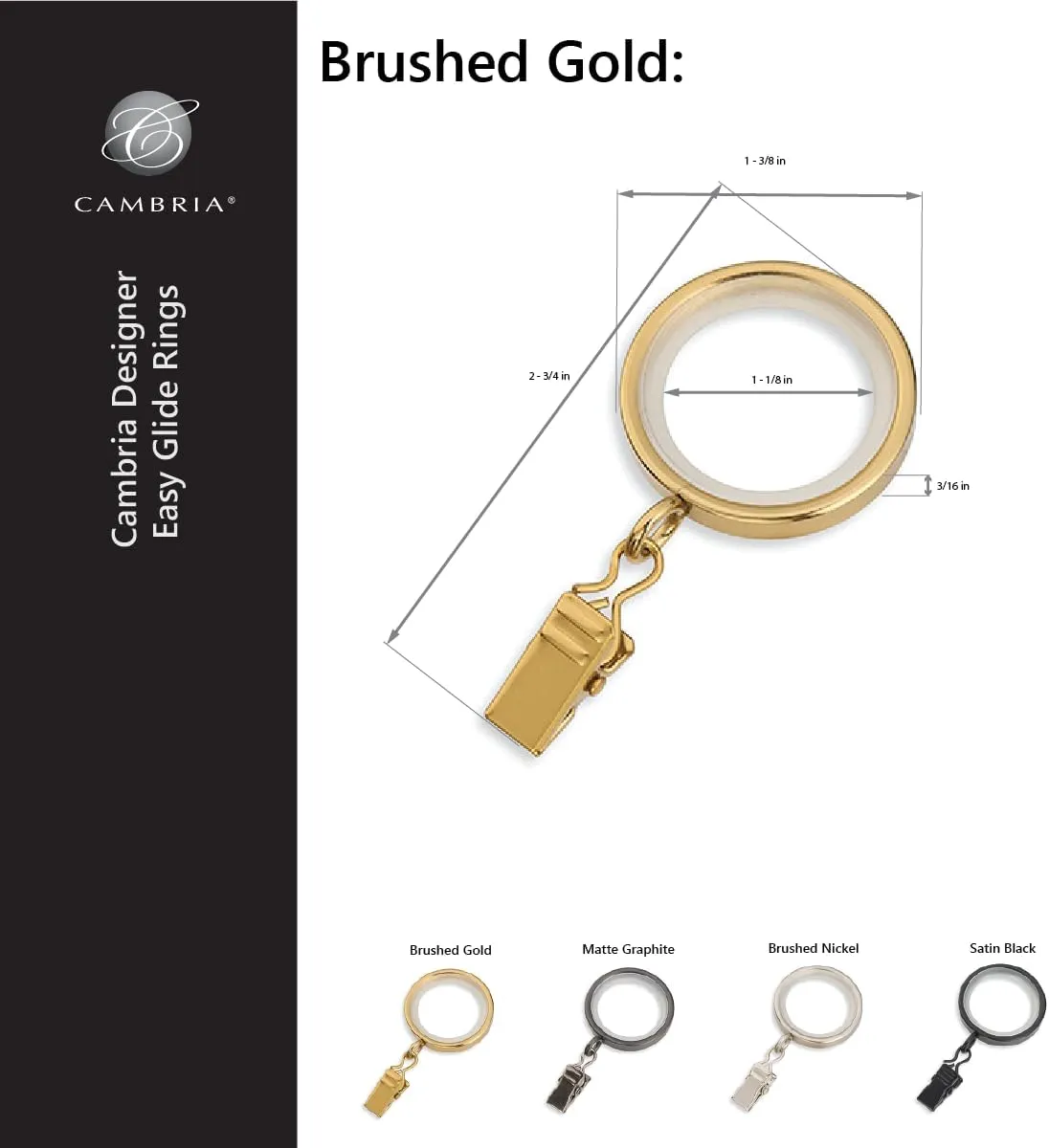 MODE Cambria Designer Series - Premium Easy Glide 18 Count Curtain Rings - Metal with Smooth, Quiet Nylon Inserts with Clips - 1-3/8 inch Diameter (1-1/8 inch Inside Diameter) - Brushed Gold