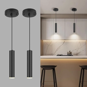 Modern Black-on-Gold Cylindrical Chandelier, 1-Light Pendant with Adjustable Cord, Matching GU10 Socket for Living Room, Bedroom and Dining Room (Wide Beam Angle) (2 Pack)