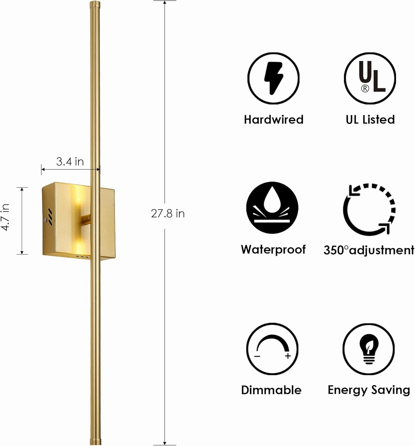 Modern Wall Sconces Set of Two, Dimmable Hardwired Wall Sconces, 350° Rotate, LED Matte Gold Wall Light Fixtures, 3000K Warm Light for Bathroom, Living Room,27.8 Inch