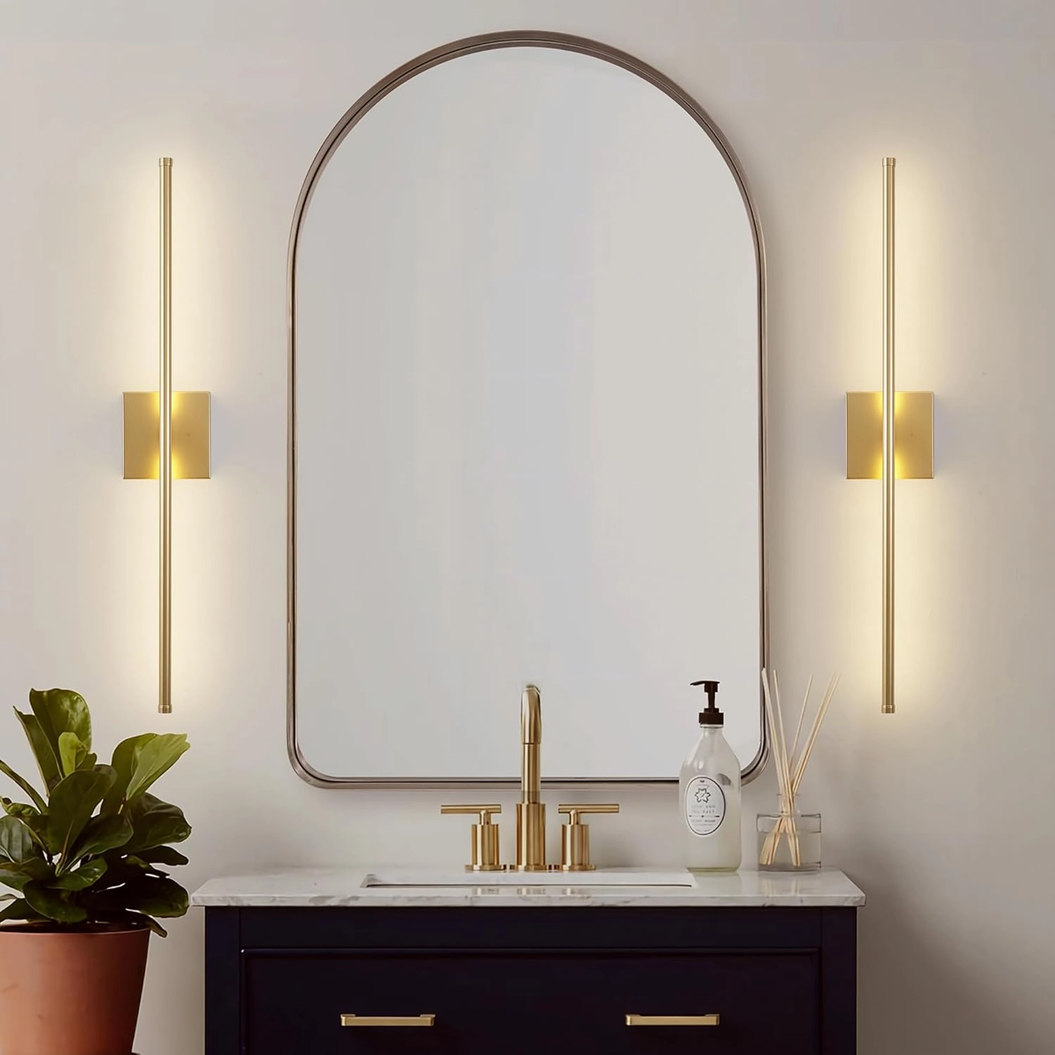 Modern Wall Sconces Set of Two, Dimmable Hardwired Wall Sconces, 350° Rotate, LED Matte Gold Wall Light Fixtures, 3000K Warm Light for Bathroom, Living Room,27.8 Inch