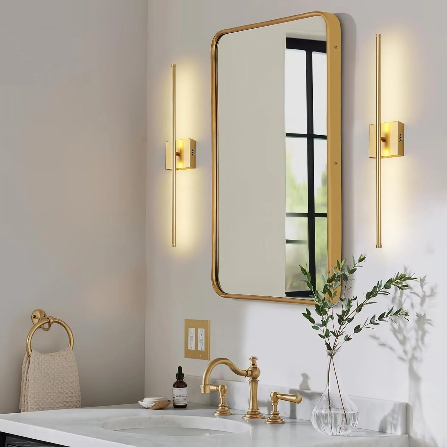 Modern Wall Sconces Set of Two, Dimmable Hardwired Wall Sconces, 350° Rotate, LED Matte Gold Wall Light Fixtures, 3000K Warm Light for Bathroom, Living Room,27.8 Inch