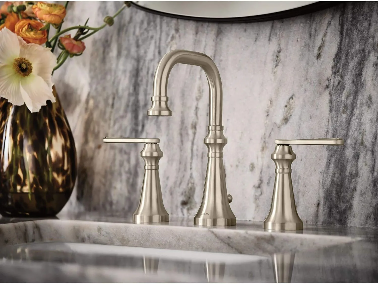 Moen TS44102BG Colinet Traditional Two-Handle Widespread High-Arc Bathroom Faucet with Lever Handles, Valve Required, Brushed Gold