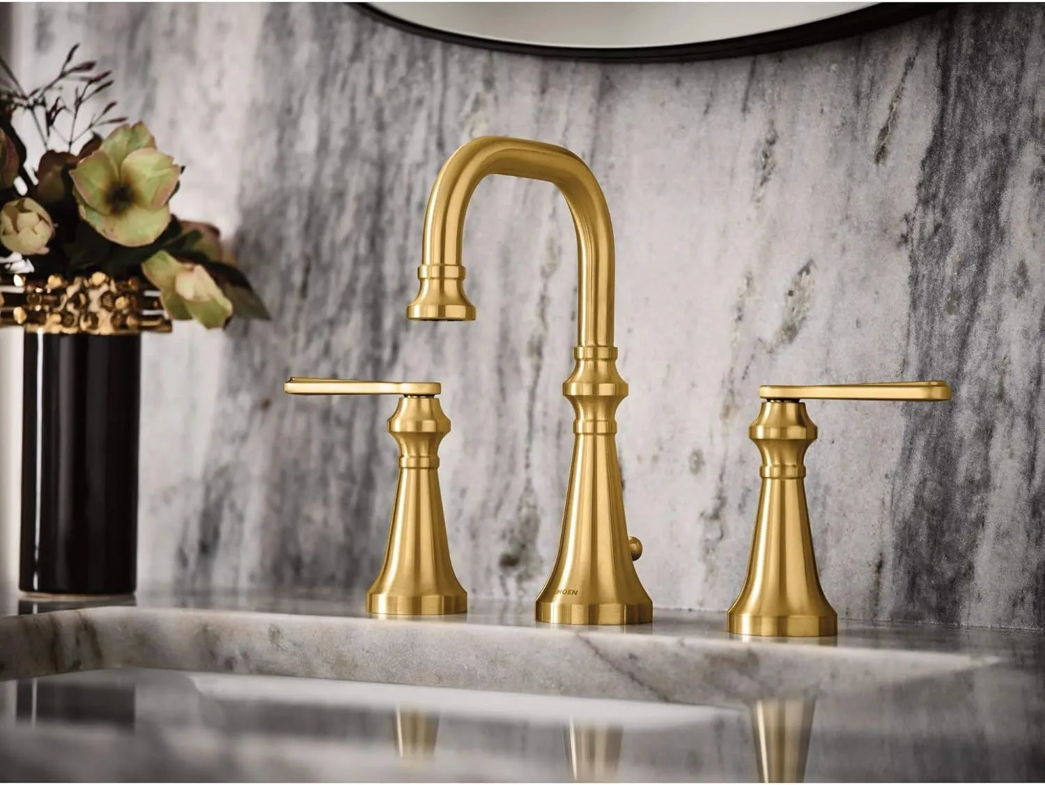 Moen TS44102BG Colinet Traditional Two-Handle Widespread High-Arc Bathroom Faucet with Lever Handles, Valve Required, Brushed Gold