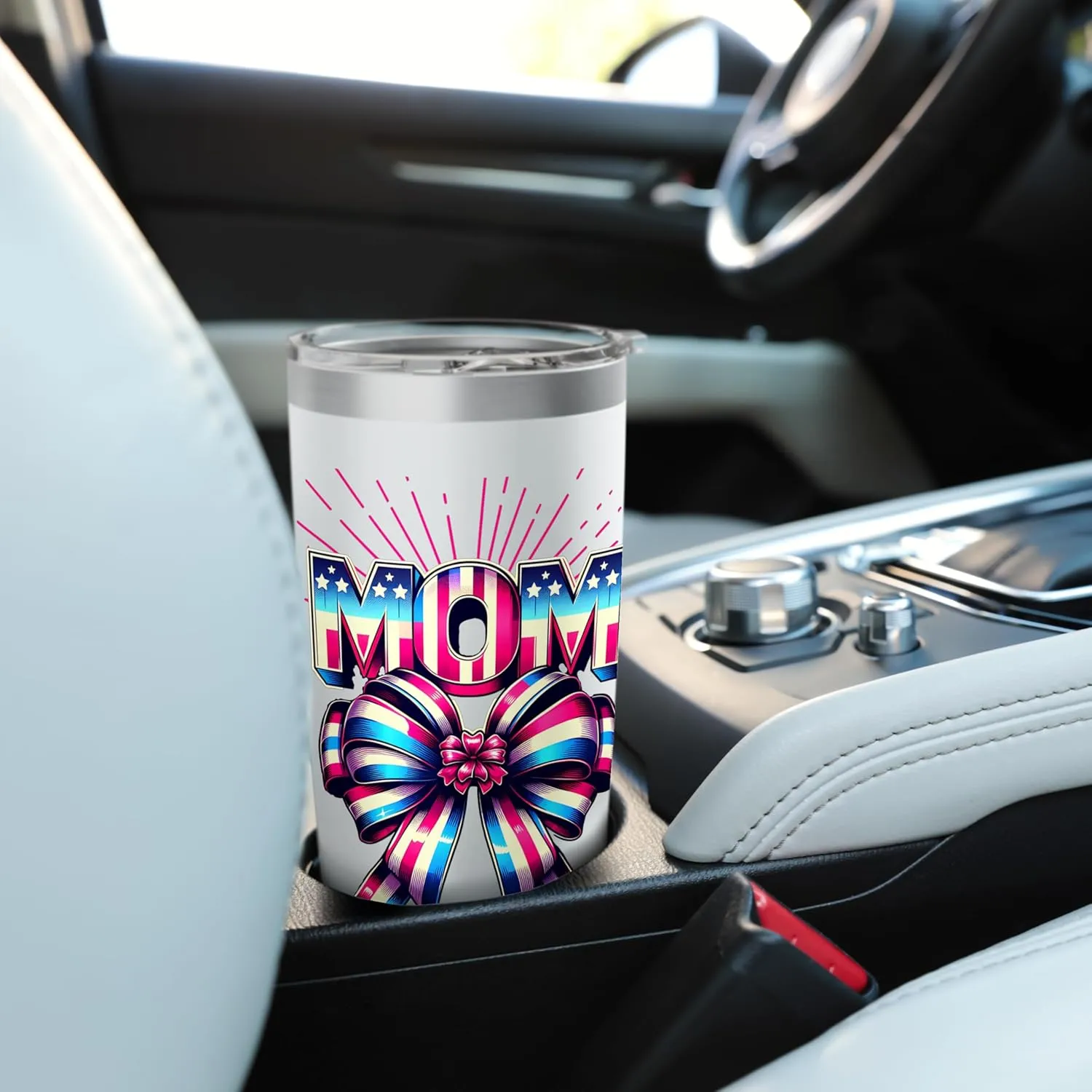 Mom 80s Patriotic Bow Red Ray America Style 4th of July Stainless Steel Insulated Tumbler