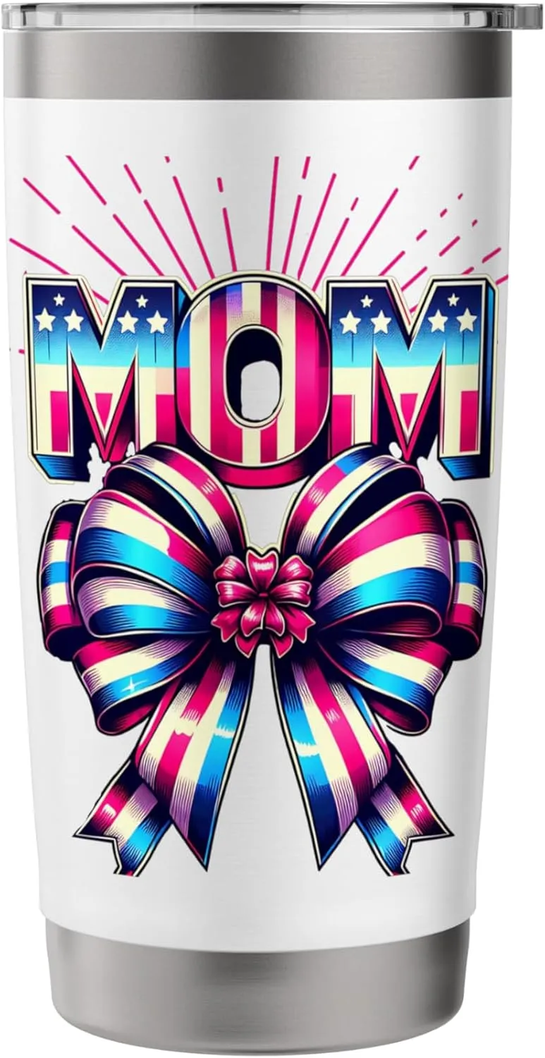 Mom 80s Patriotic Bow Red Ray America Style 4th of July Stainless Steel Insulated Tumbler