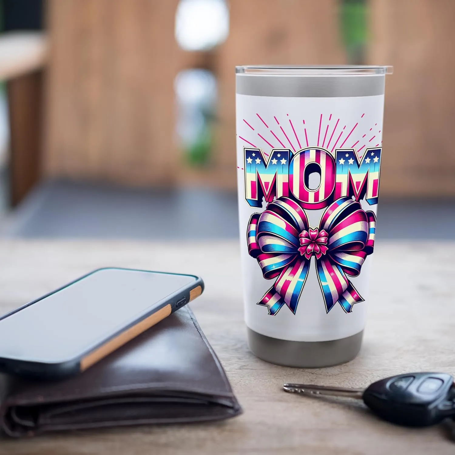 Mom 80s Patriotic Bow Red Ray America Style 4th of July Stainless Steel Insulated Tumbler