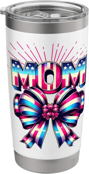 Mom 80s Patriotic Bow Red Ray America Style 4th of July Stainless Steel Insulated Tumbler