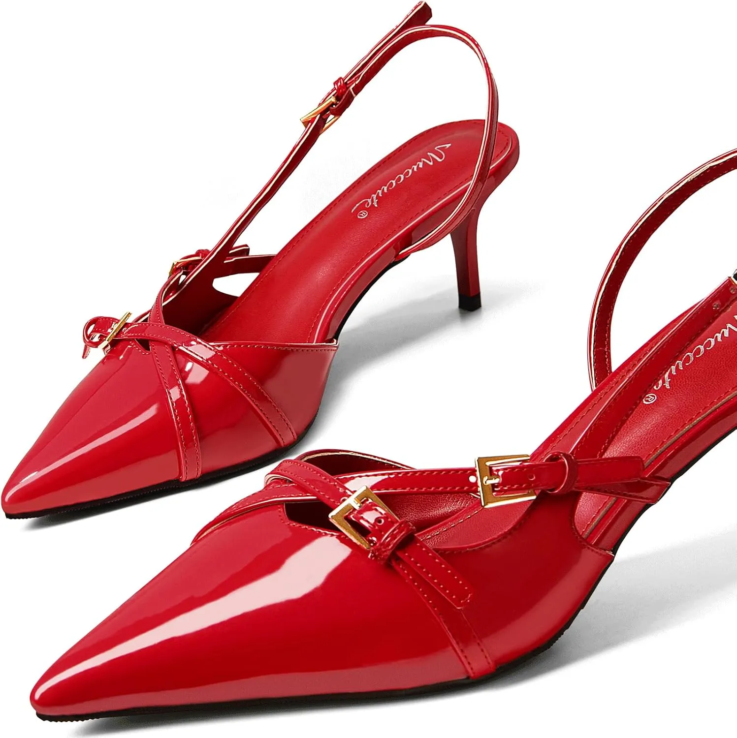 MUCCCUTE Kitten Heels for Women Pointed Toe Slingback Low Heels with Buckle Strap Heeled Pumps
