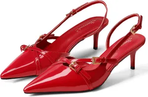 MUCCCUTE Kitten Heels for Women Pointed Toe Slingback Low Heels with Buckle Strap Heeled Pumps