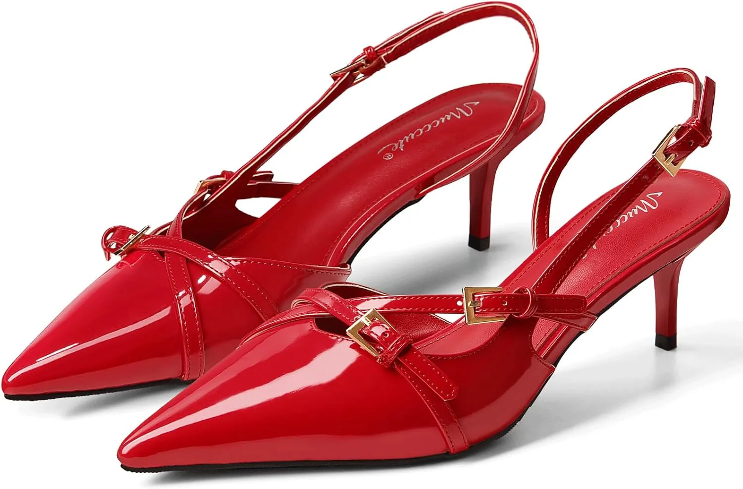 MUCCCUTE Kitten Heels for Women Pointed Toe Slingback Low Heels with Buckle Strap Heeled Pumps