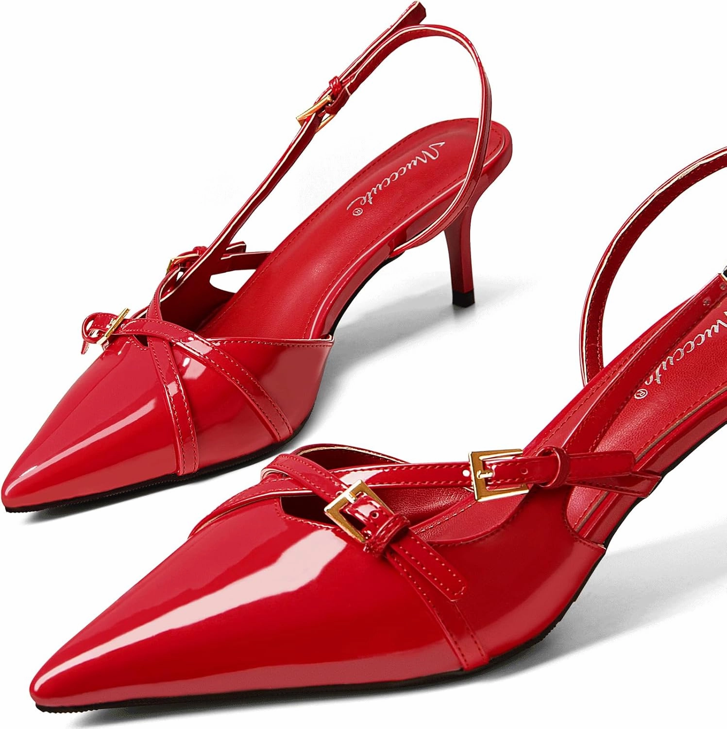 MUCCCUTE Kitten Heels for Women Pointed Toe Slingback Low Heels with Buckle Strap Heeled Pumps