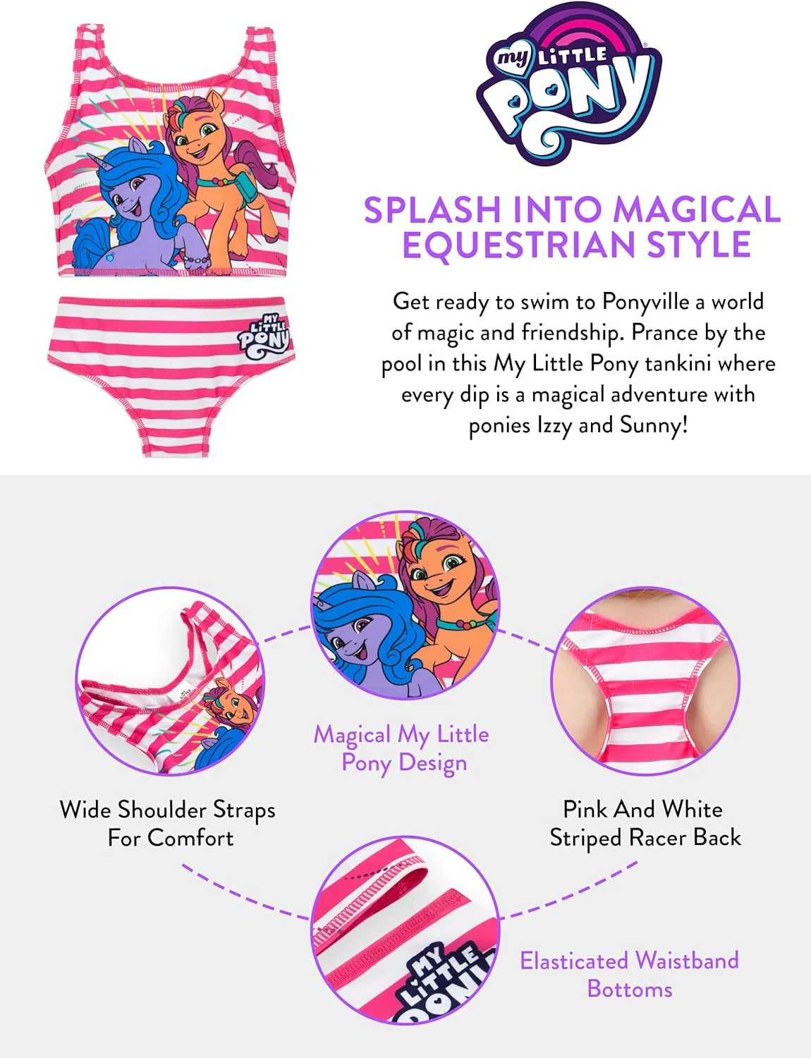 My Little Pony Girls Tankini Swimsuit | 2 Piece Bathing Suit | Girls Swim Set | Girls Swimwear