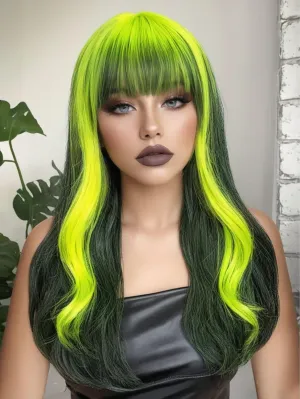 Neon Green Wig with Bangs Reverse Ombre Green Long Loose Body Wavy Wig with Curtain Bangs for Women 26 Inch Highlight Root Synthetic Heat Resistant Wig for Cosplay Halloween Party Use
