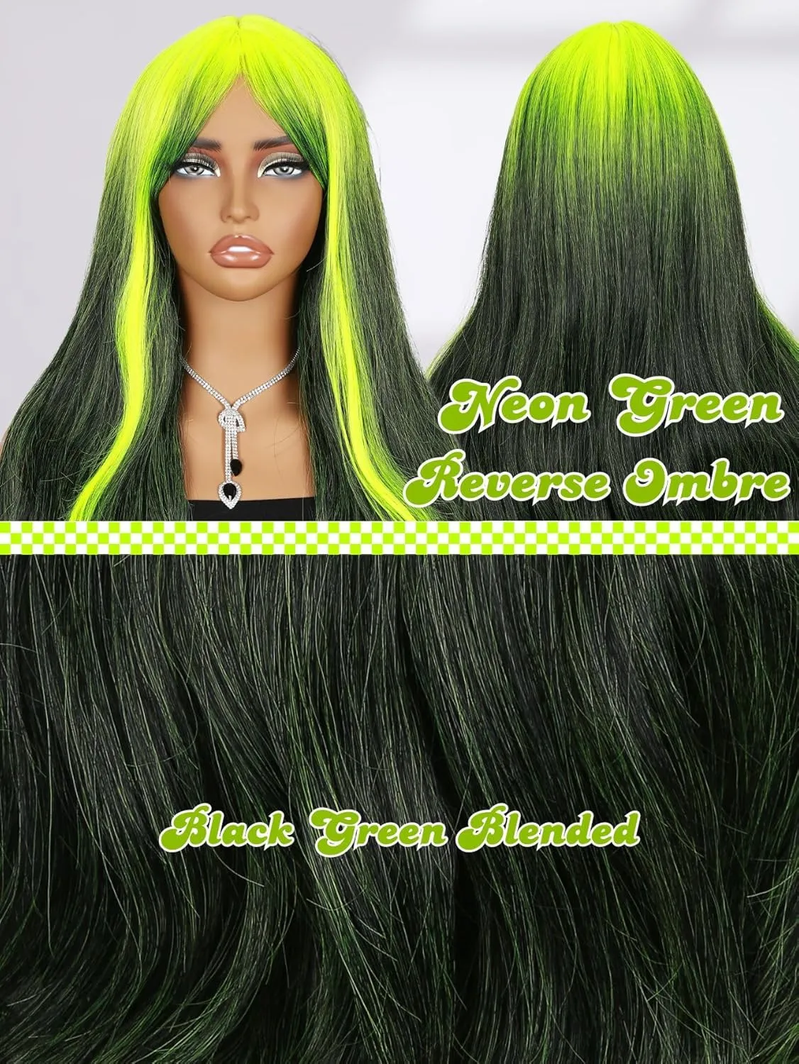 Neon Green Wig with Bangs Reverse Ombre Green Long Loose Body Wavy Wig with Curtain Bangs for Women 26 Inch Highlight Root Synthetic Heat Resistant Wig for Cosplay Halloween Party Use