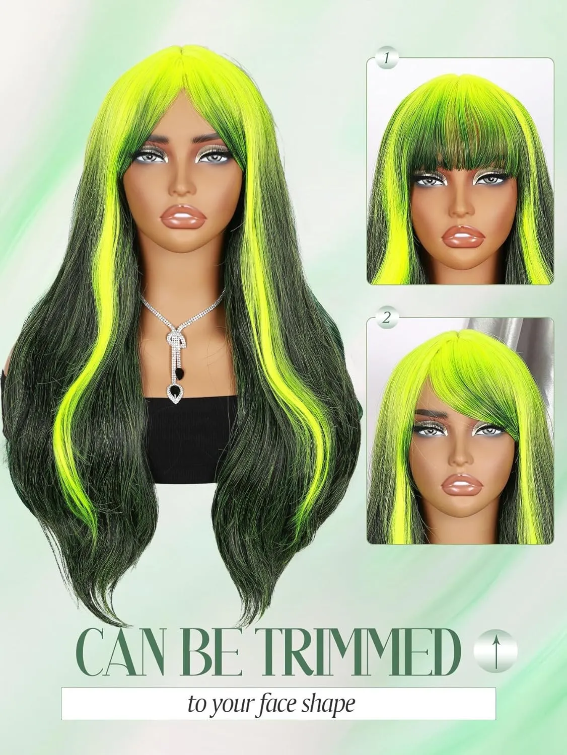 Neon Green Wig with Bangs Reverse Ombre Green Long Loose Body Wavy Wig with Curtain Bangs for Women 26 Inch Highlight Root Synthetic Heat Resistant Wig for Cosplay Halloween Party Use