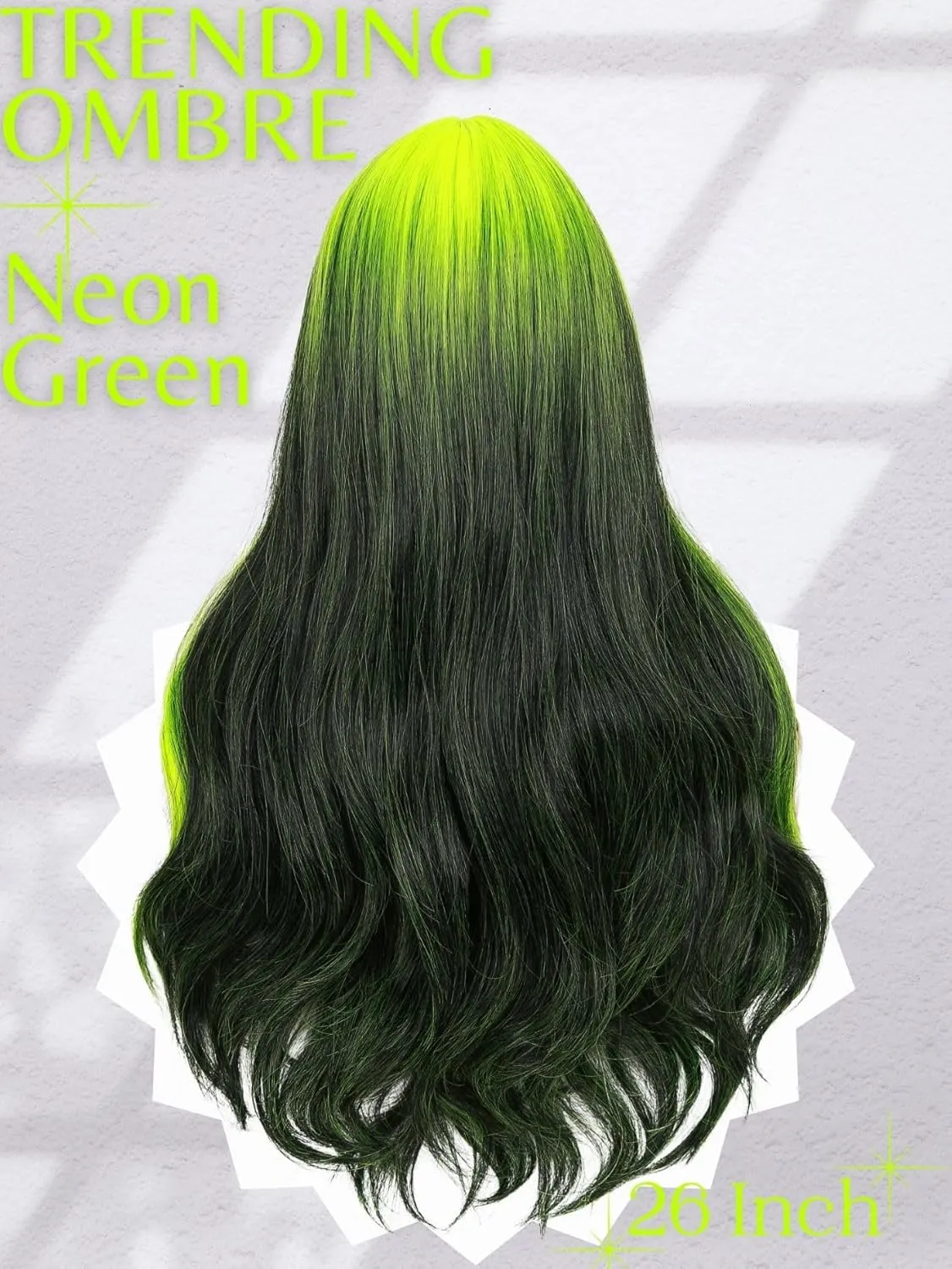 Neon Green Wig with Bangs Reverse Ombre Green Long Loose Body Wavy Wig with Curtain Bangs for Women 26 Inch Highlight Root Synthetic Heat Resistant Wig for Cosplay Halloween Party Use