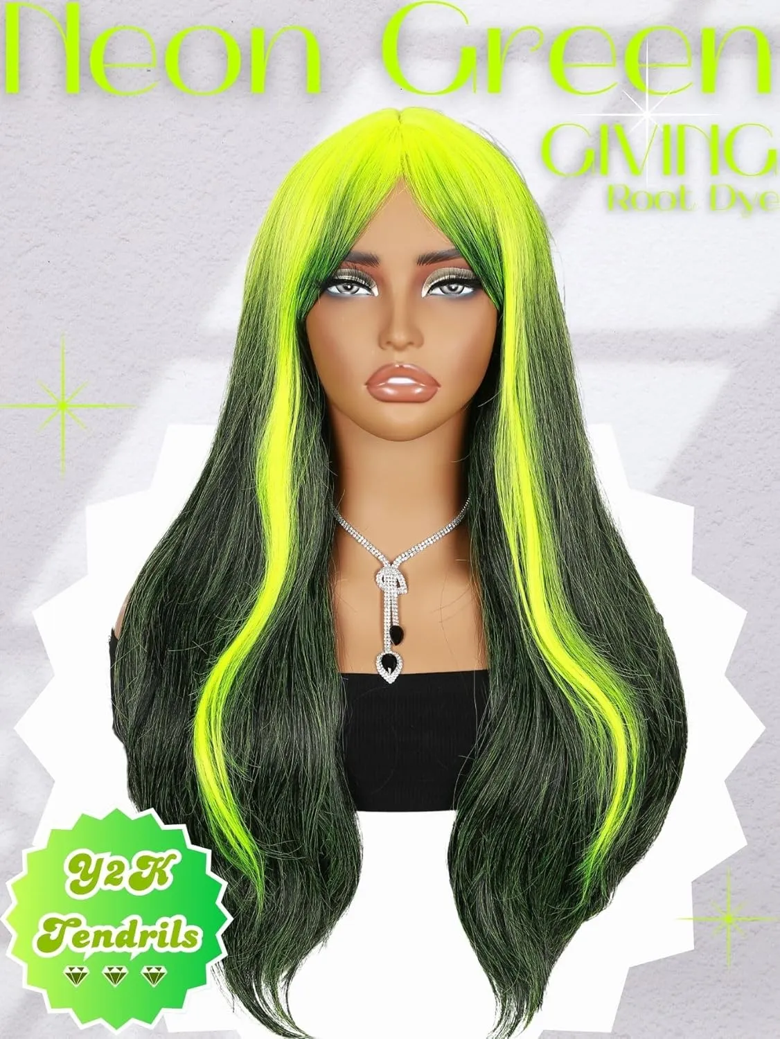 Neon Green Wig with Bangs Reverse Ombre Green Long Loose Body Wavy Wig with Curtain Bangs for Women 26 Inch Highlight Root Synthetic Heat Resistant Wig for Cosplay Halloween Party Use