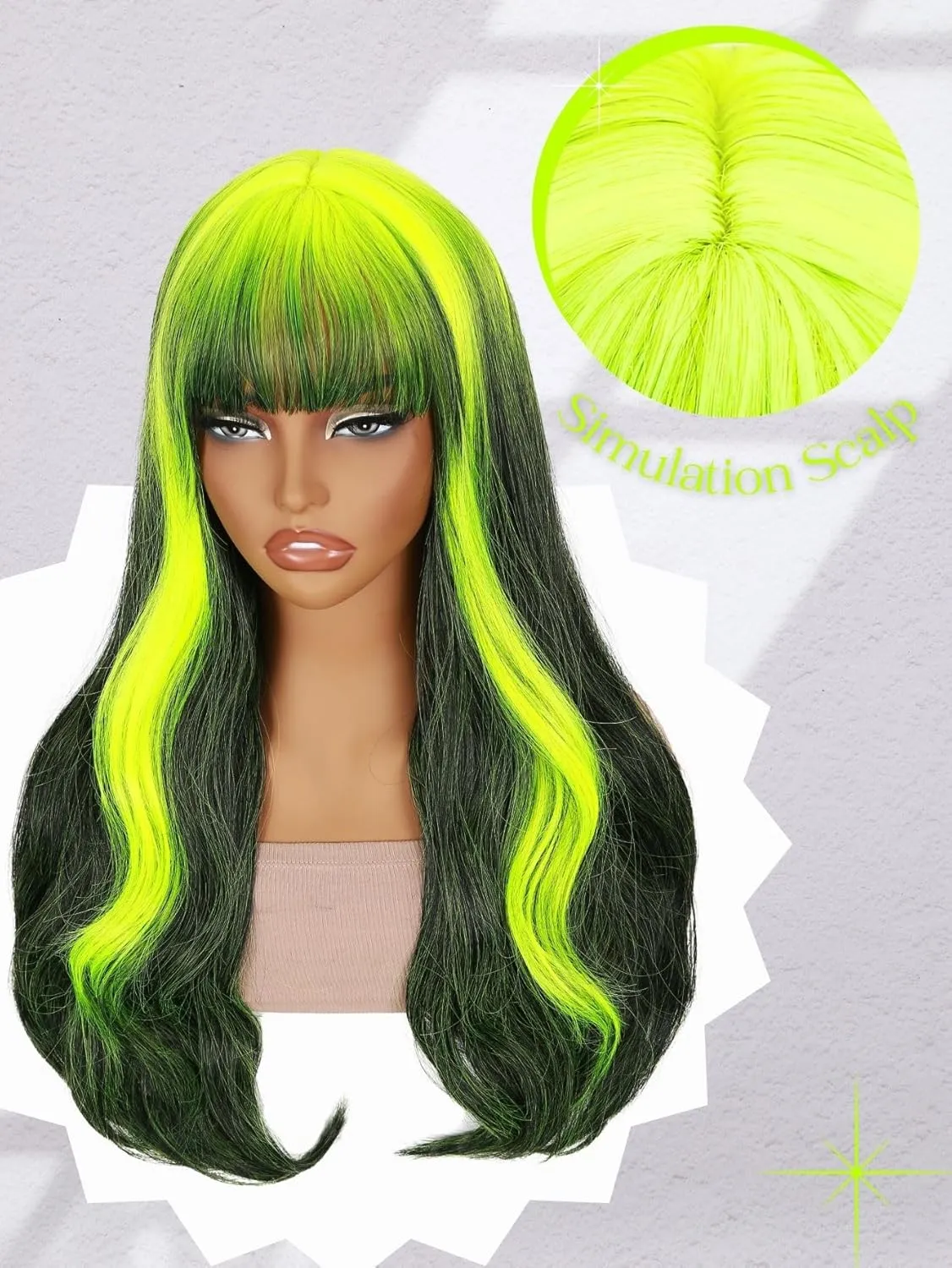Neon Green Wig with Bangs Reverse Ombre Green Long Loose Body Wavy Wig with Curtain Bangs for Women 26 Inch Highlight Root Synthetic Heat Resistant Wig for Cosplay Halloween Party Use