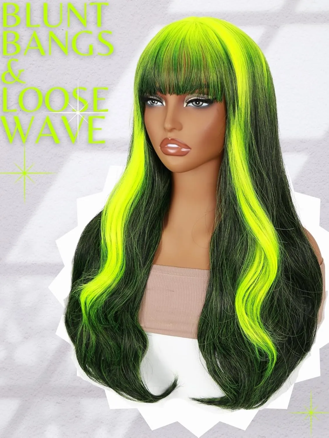 Neon Green Wig with Bangs Reverse Ombre Green Long Loose Body Wavy Wig with Curtain Bangs for Women 26 Inch Highlight Root Synthetic Heat Resistant Wig for Cosplay Halloween Party Use