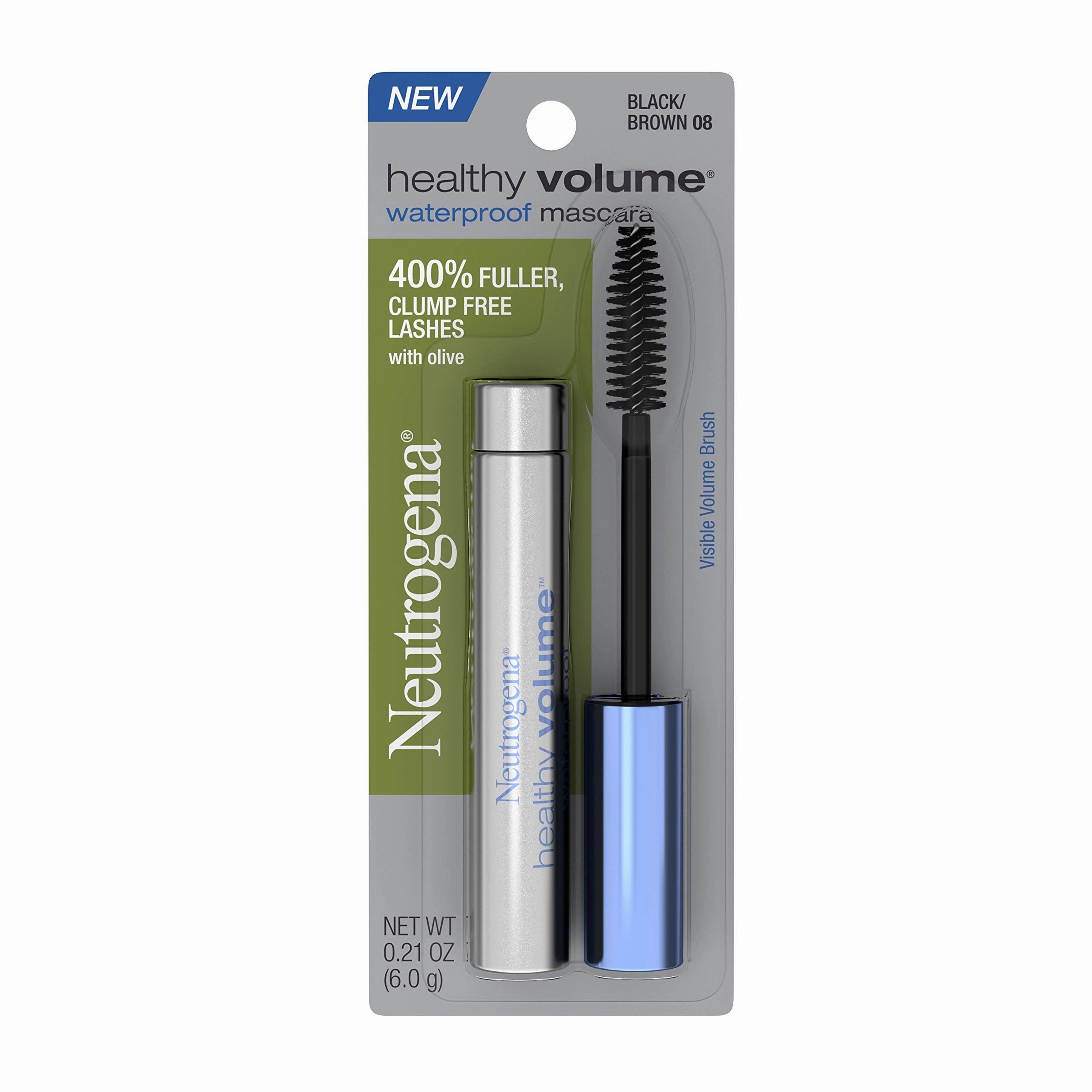 Neutrogena Healthy Volume Lash-Plumping Waterproof Mascara, Volumizing and Conditioning Mascara with Olive Oil to Build Fuller Lashes, Clump-, Smudge- and Flake-Free, Black/Brown 08, 0.21 oz