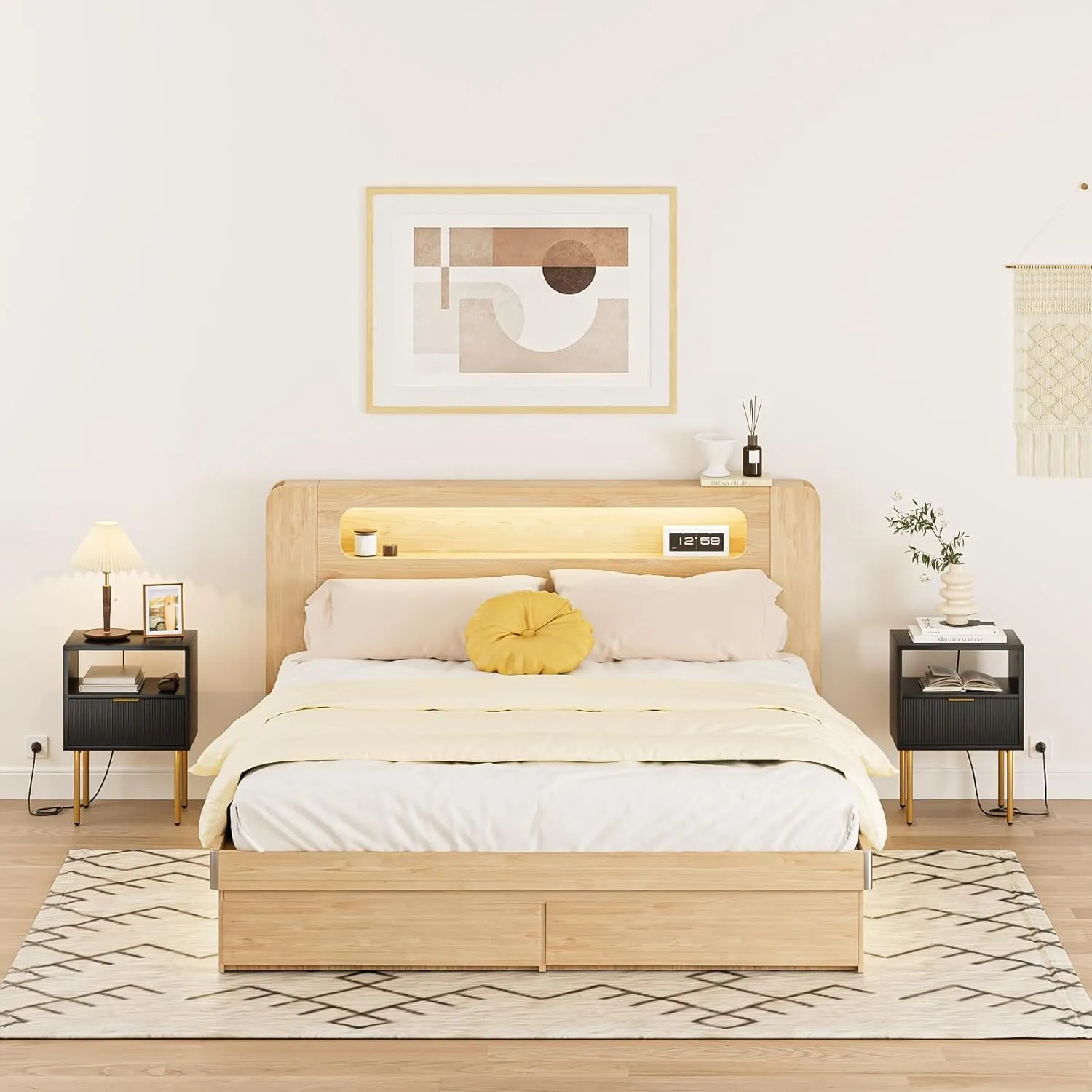 Nightstand with Charging Station, Small Side Table, Modern Night Stand with Drawers, Bedside Table for Bedroom, Living Room End Table, Black Stripe