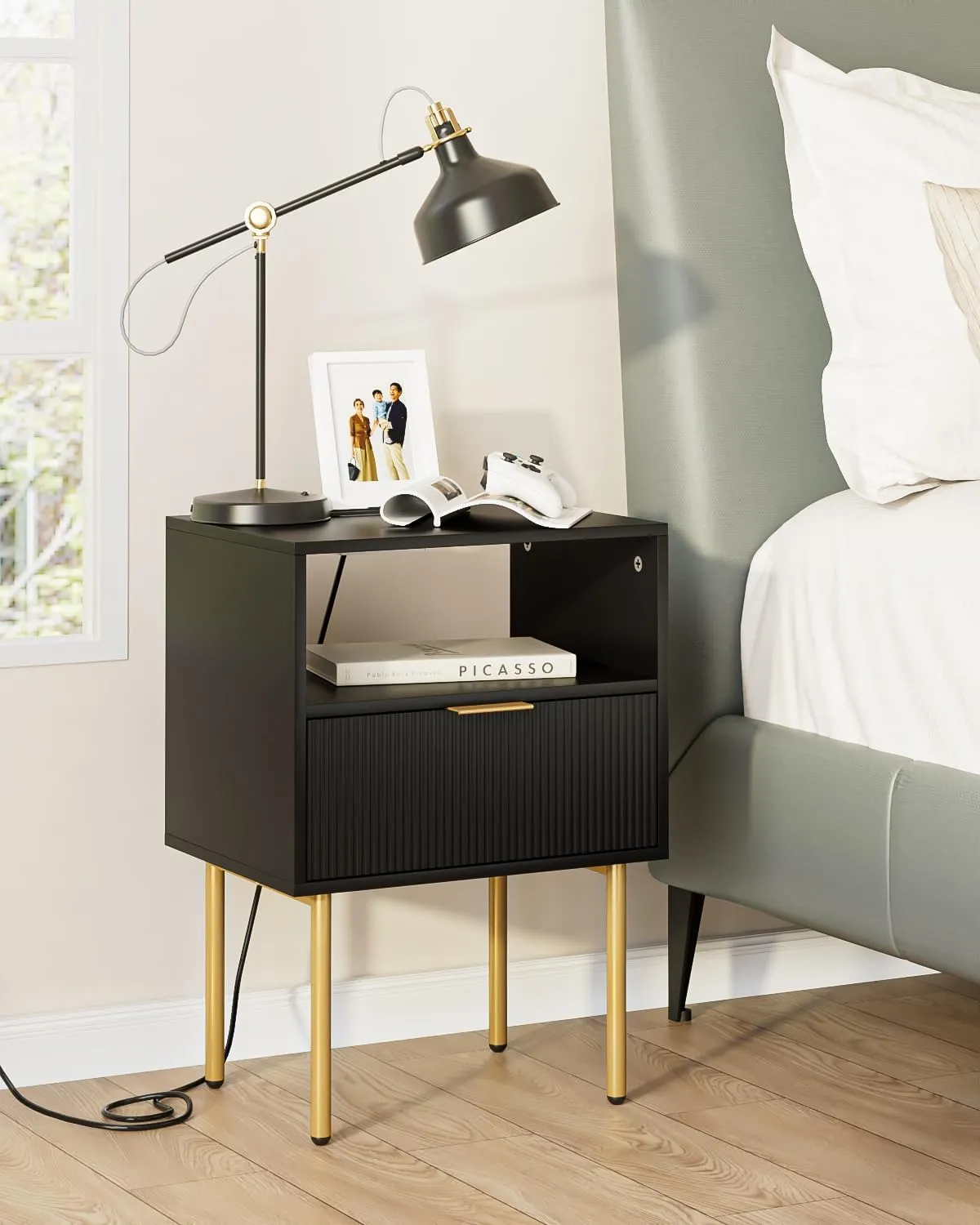 Nightstand with Charging Station, Small Side Table, Modern Night Stand with Drawers, Bedside Table for Bedroom, Living Room End Table, Black Stripe