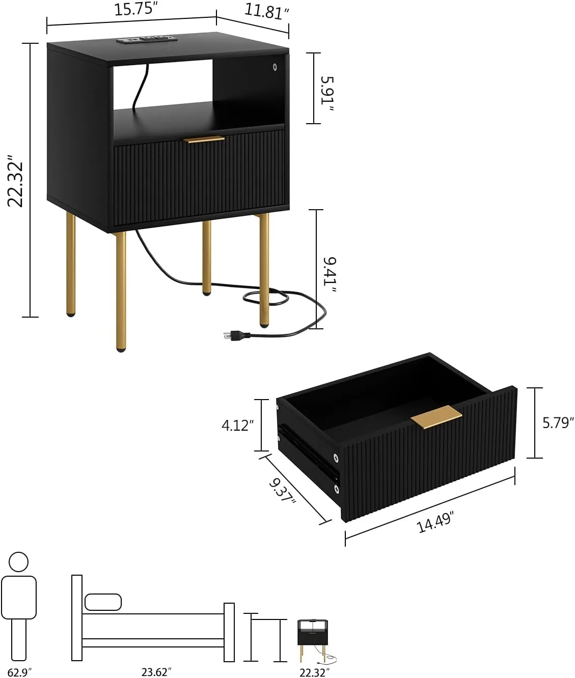 Nightstand with Charging Station, Small Side Table, Modern Night Stand with Drawers, Bedside Table for Bedroom, Living Room End Table, Black Stripe
