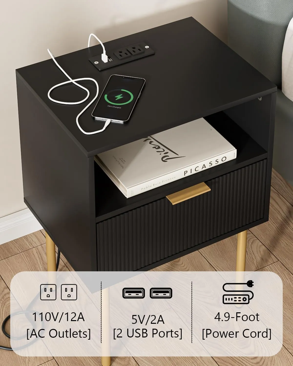 Nightstand with Charging Station, Small Side Table, Modern Night Stand with Drawers, Bedside Table for Bedroom, Living Room End Table, Black Stripe