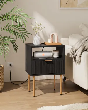 Nightstand with Charging Station, Small Side Table, Modern Night Stand with Drawers, Bedside Table for Bedroom, Living Room End Table, Black Stripe