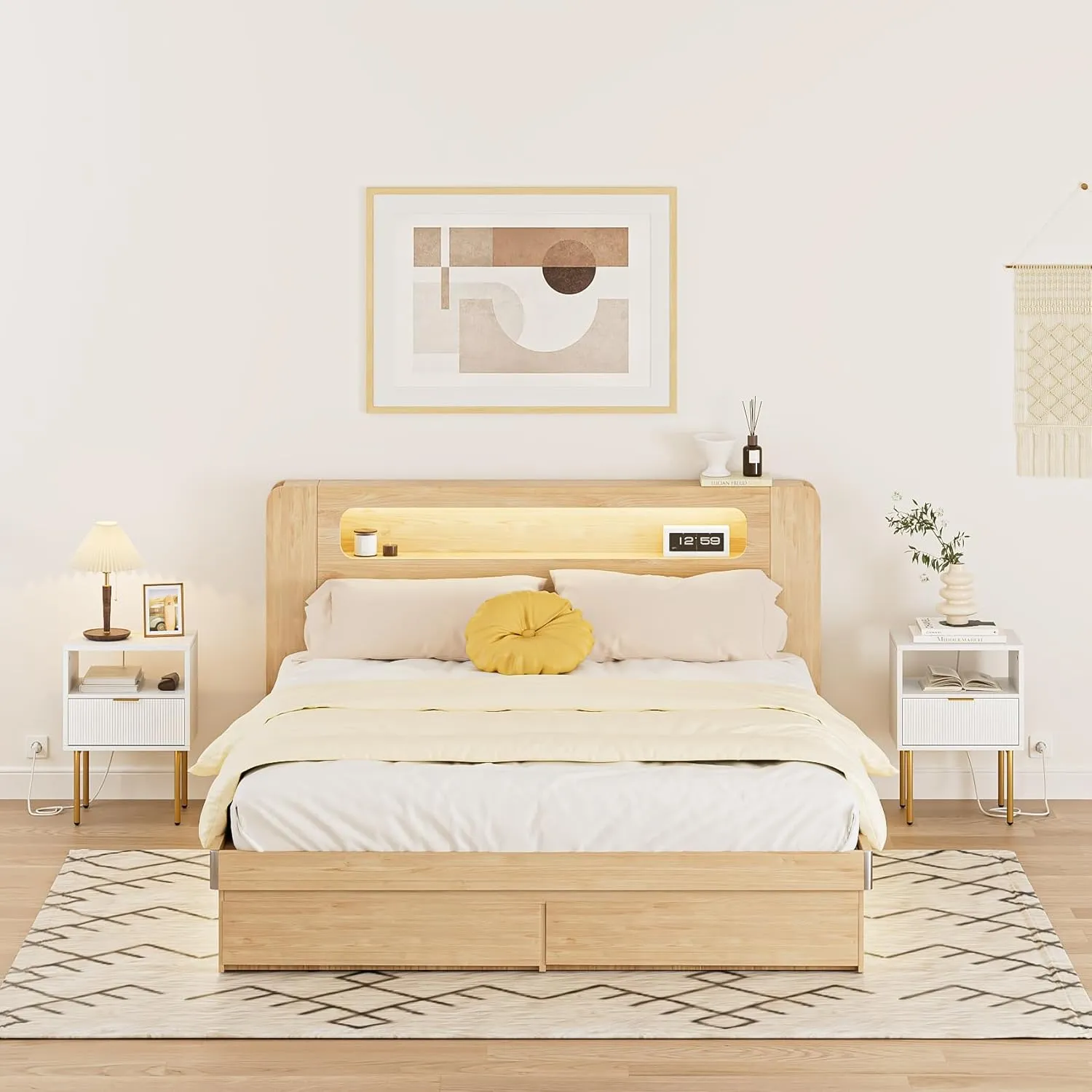 Nightstand with Charging Station, Small Side Table, Modern Night Stand with Drawers, Bedside Table for Bedroom, Living Room End Table, White Stripe