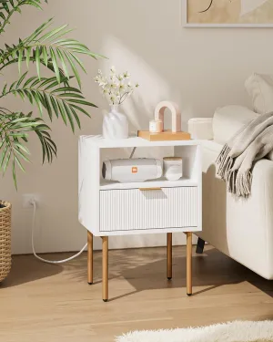 Nightstand with Charging Station, Small Side Table, Modern Night Stand with Drawers, Bedside Table for Bedroom, Living Room End Table, White Stripe