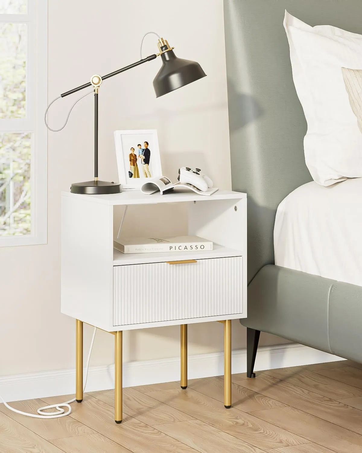 Nightstand with Charging Station, Small Side Table, Modern Night Stand with Drawers, Bedside Table for Bedroom, Living Room End Table, White Stripe
