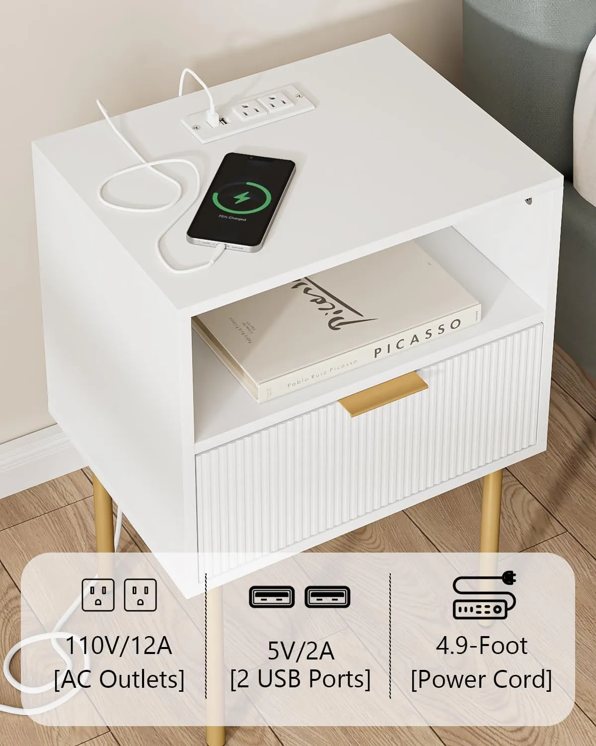 Nightstand with Charging Station, Small Side Table, Modern Night Stand with Drawers, Bedside Table for Bedroom, Living Room End Table, White Stripe