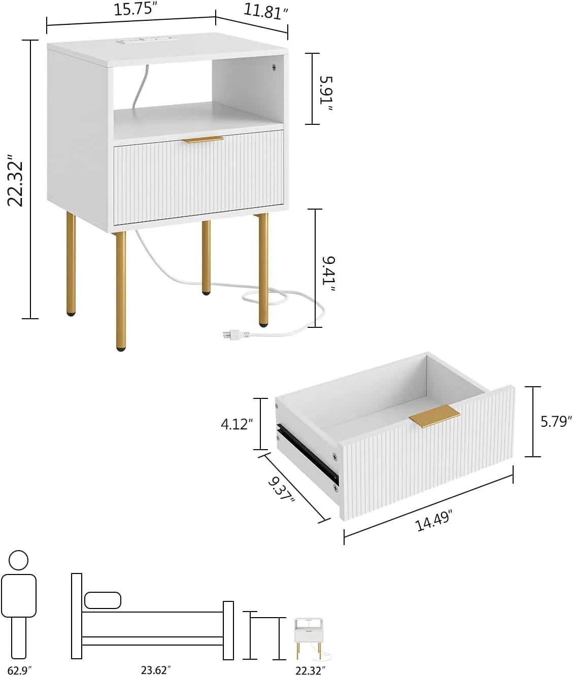 Nightstand with Charging Station, Small Side Table, Modern Night Stand with Drawers, Bedside Table for Bedroom, Living Room End Table, White Stripe