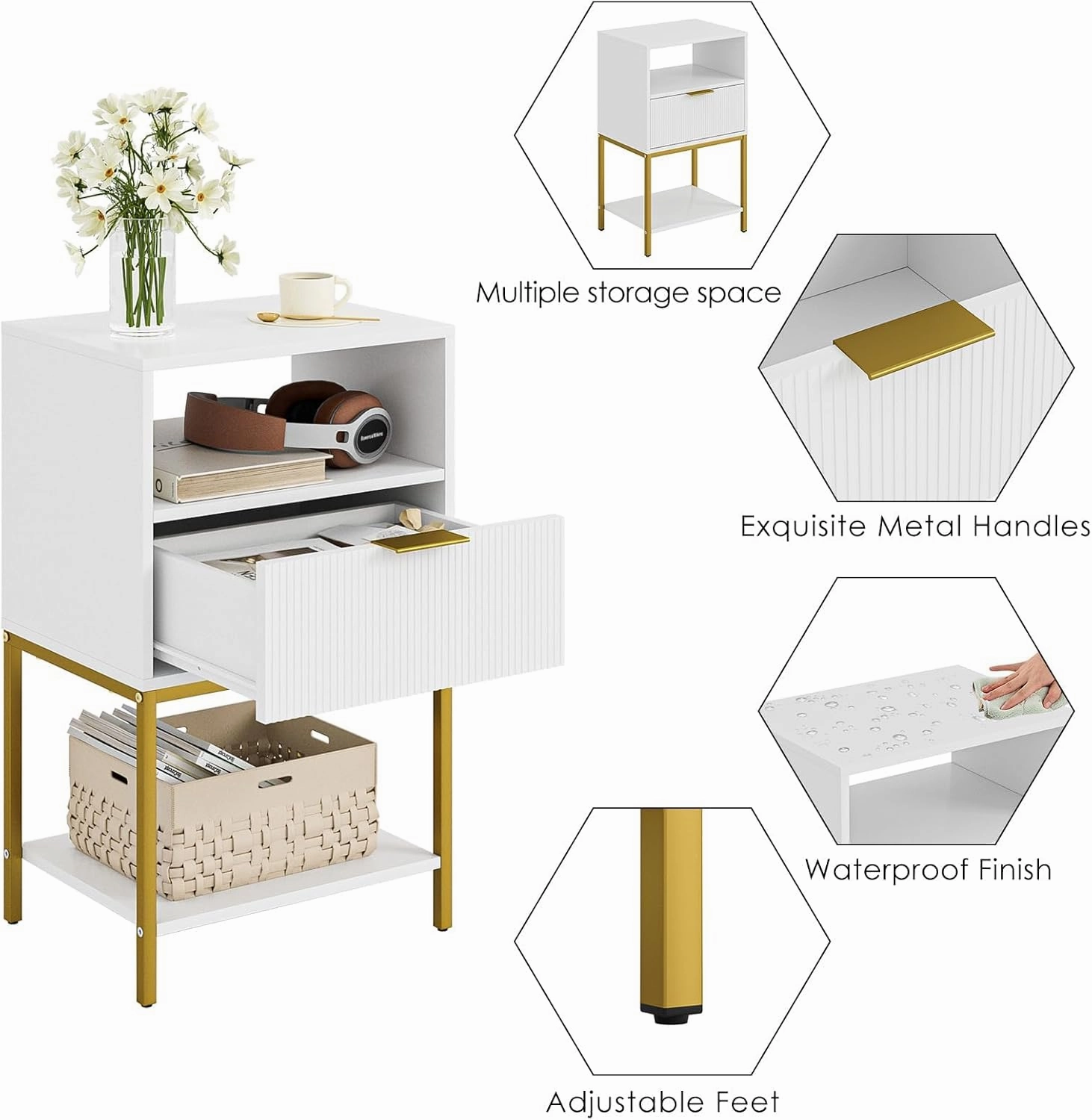 Nightstand,25.4" H Tall Bedside Table with Gold Frame,White Night Stand,Bedside Furniture,3-Tier Storage End Table,Side Table for Bedroom,Living Room，Stripe