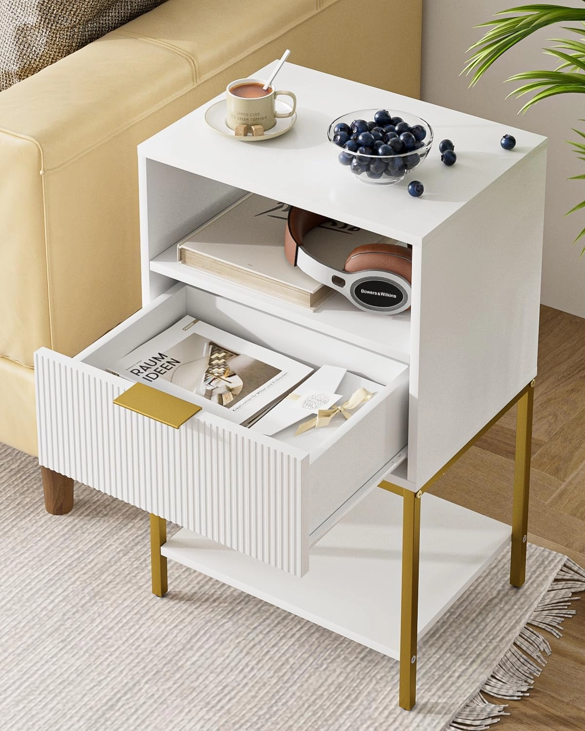 Nightstand,25.4" H Tall Bedside Table with Gold Frame,White Night Stand,Bedside Furniture,3-Tier Storage End Table,Side Table for Bedroom,Living Room，Stripe