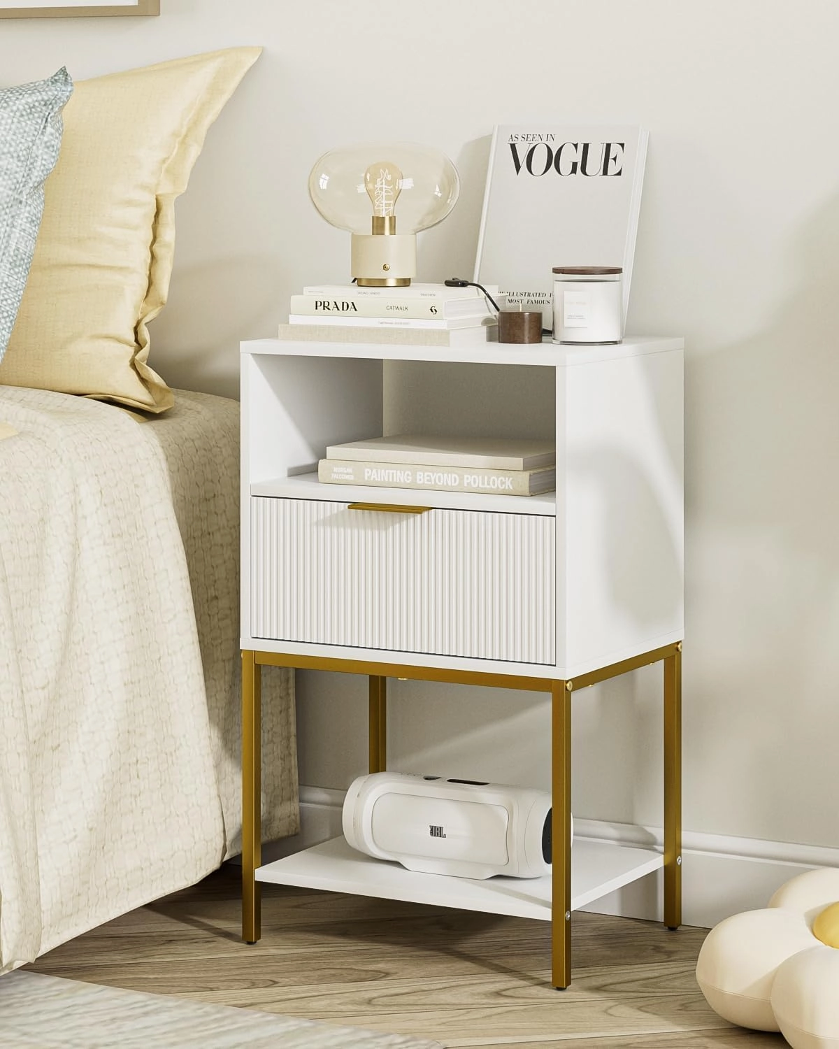 Nightstand,25.4" H Tall Bedside Table with Gold Frame,White Night Stand,Bedside Furniture,3-Tier Storage End Table,Side Table for Bedroom,Living Room，Stripe