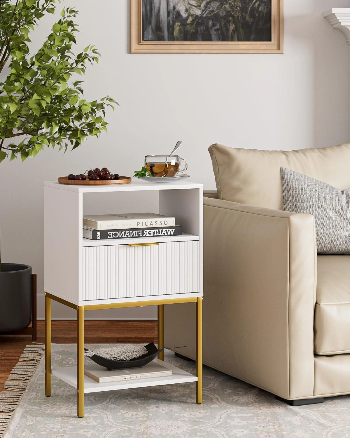Nightstand,25.4" H Tall Bedside Table with Gold Frame,White Night Stand,Bedside Furniture,3-Tier Storage End Table,Side Table for Bedroom,Living Room，Stripe
