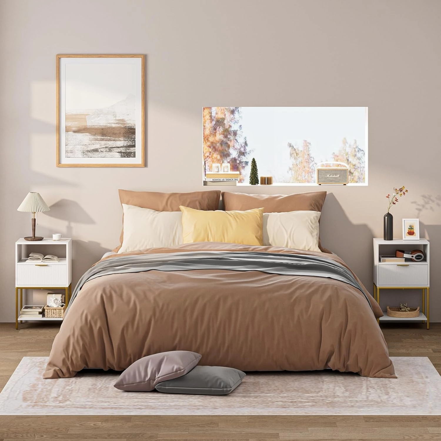 Nightstand,25.4" H Tall Bedside Table with Gold Frame,White Night Stand,Bedside Furniture,3-Tier Storage End Table,Side Table for Bedroom,Living Room，Stripe