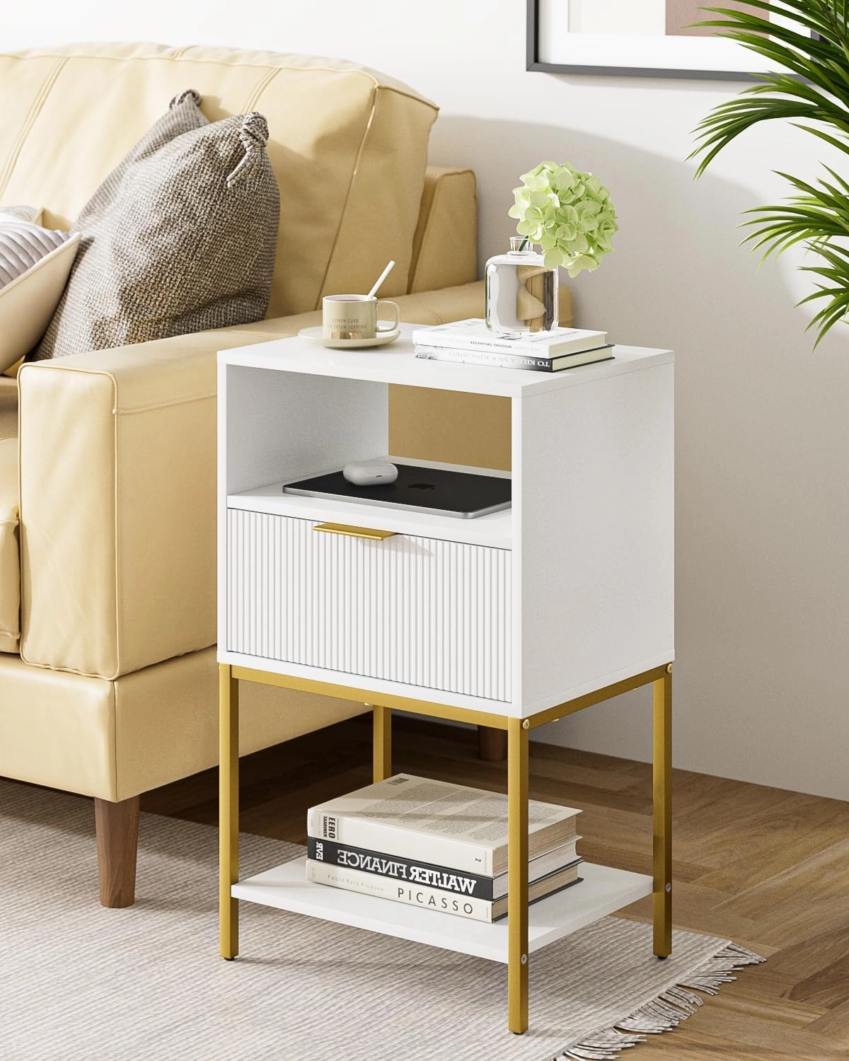 Nightstand,25.4" H Tall Bedside Table with Gold Frame,White Night Stand,Bedside Furniture,3-Tier Storage End Table,Side Table for Bedroom,Living Room，Stripe