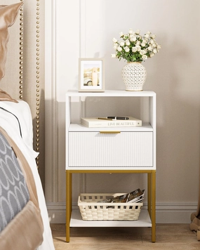 Nightstand,25.4" H Tall Bedside Table with Gold Frame,White Night Stand,Bedside Furniture,3-Tier Storage End Table,Side Table for Bedroom,Living Room，Stripe
