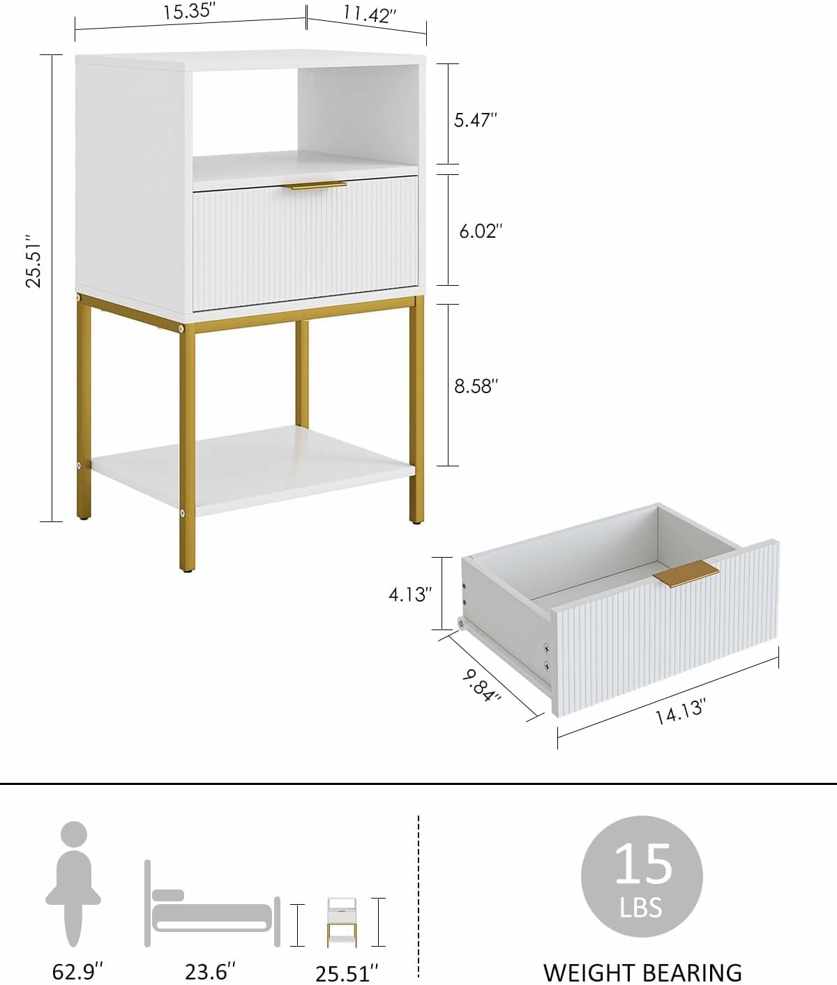 Nightstand,25.4" H Tall Bedside Table with Gold Frame,White Night Stand,Bedside Furniture,3-Tier Storage End Table,Side Table for Bedroom,Living Room，Stripe