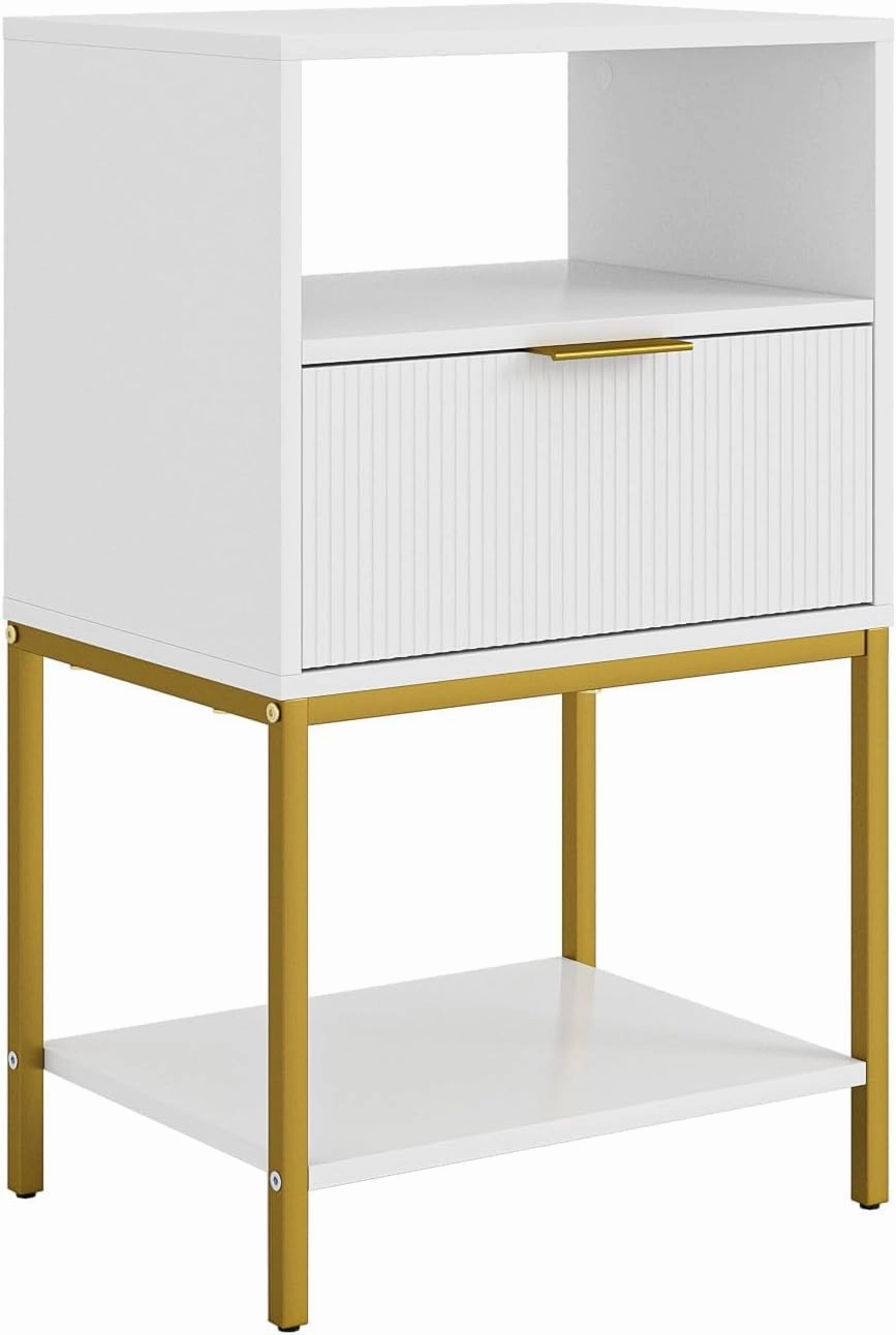 Nightstand,25.4" H Tall Bedside Table with Gold Frame,White Night Stand,Bedside Furniture,3-Tier Storage End Table,Side Table for Bedroom,Living Room，Stripe