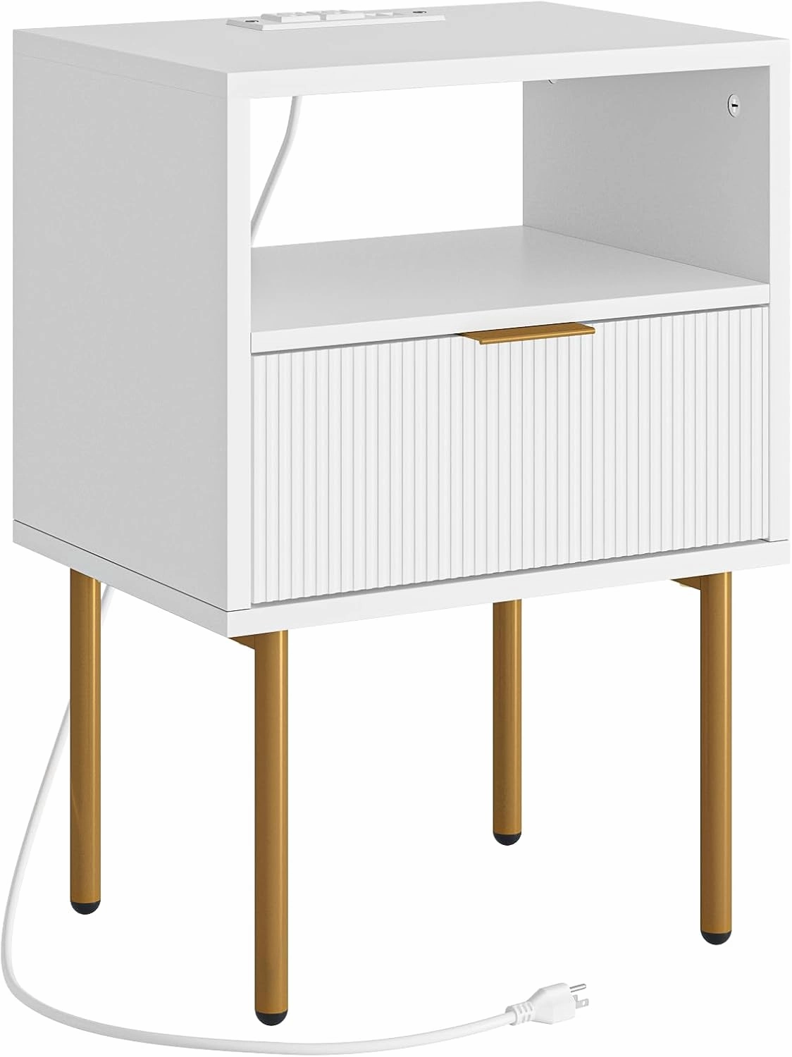 Nightstand,Small Bedside Table with Gold Frame,White Night Stand,Bedside Furniture,Side Table with Drawer and Shelf for Bedroom,Living Room (Modern-Stripe, White-1drawer-Outlet)