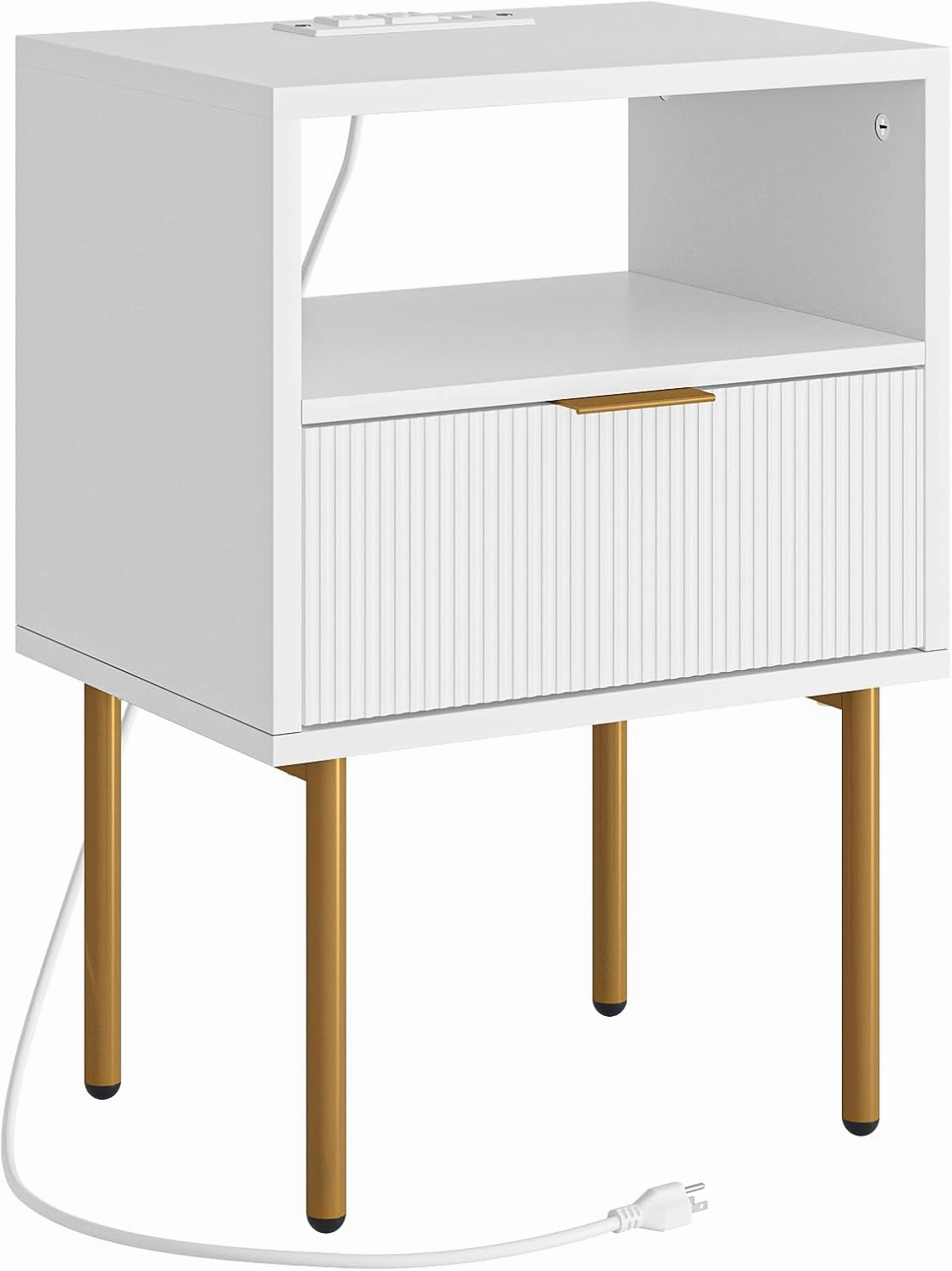 Nightstand,Small Bedside Table with Gold Frame,White Night Stand,Bedside Furniture,Side Table with Drawer and Shelf for Bedroom,Living Room (Modern-Stripe, White-1drawer-Outlet)