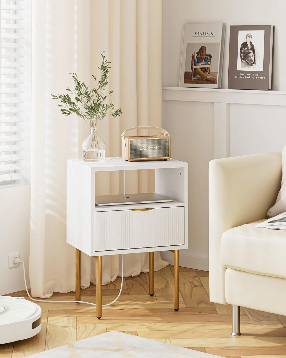Nightstand,Small Bedside Table with Gold Frame,White Night Stand,Bedside Furniture,Side Table with Drawer and Shelf for Bedroom,Living Room (Modern-Stripe, White-1drawer-Outlet)
