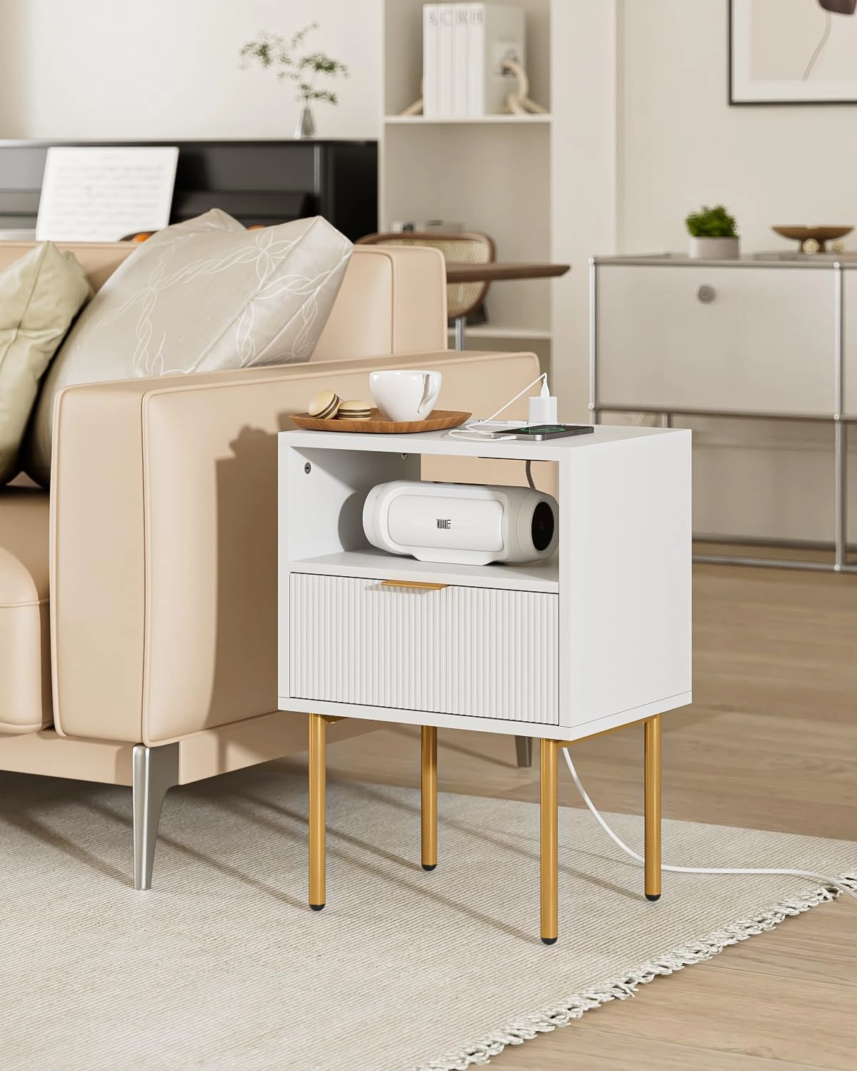 Nightstand,Small Bedside Table with Gold Frame,White Night Stand,Bedside Furniture,Side Table with Drawer and Shelf for Bedroom,Living Room (Modern-Stripe, White-1drawer-Outlet)