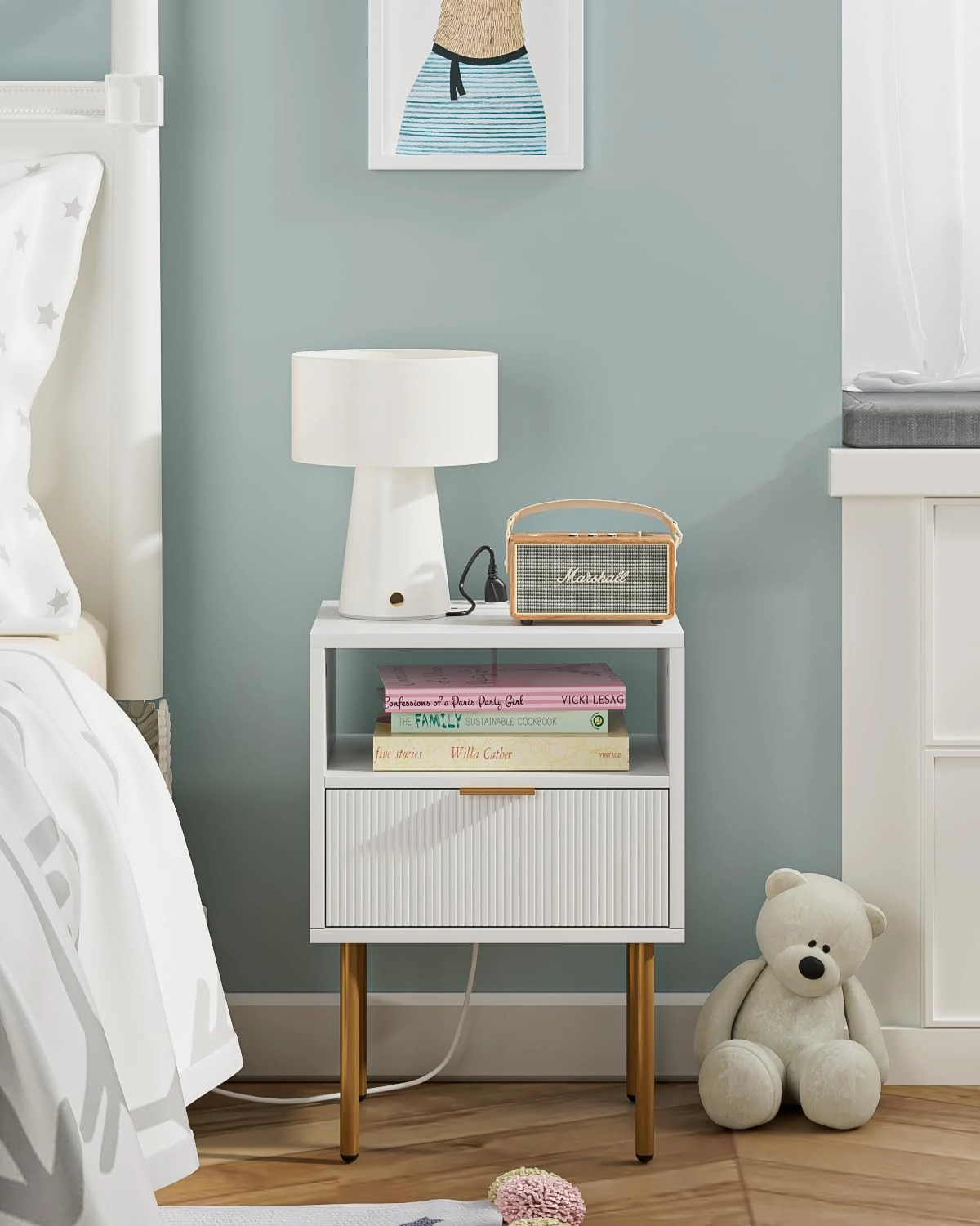 Nightstand,Small Bedside Table with Gold Frame,White Night Stand,Bedside Furniture,Side Table with Drawer and Shelf for Bedroom,Living Room (Modern-Stripe, White-1drawer-Outlet)