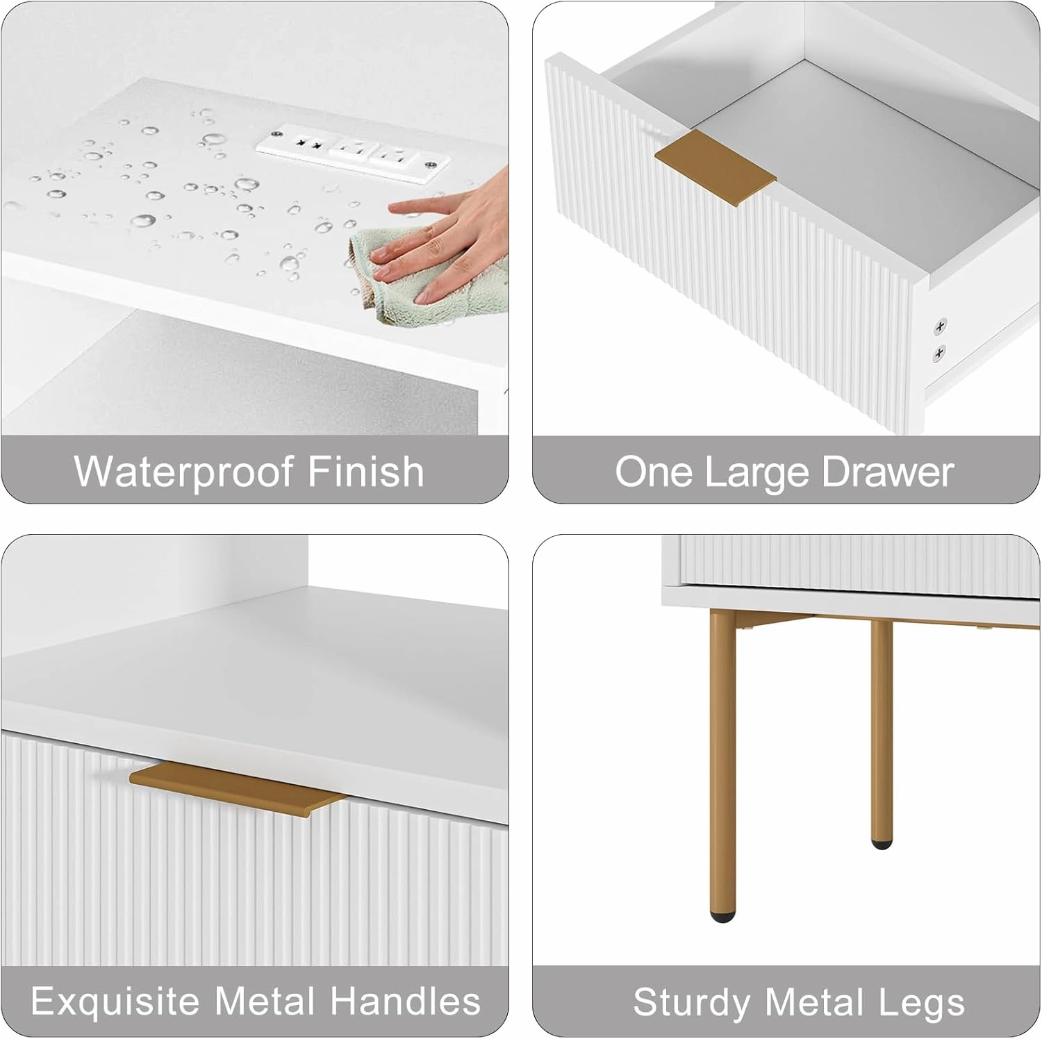 Nightstand,Small Bedside Table with Gold Frame,White Night Stand,Bedside Furniture,Side Table with Drawer and Shelf for Bedroom,Living Room (Modern-Stripe, White-1drawer-Outlet)